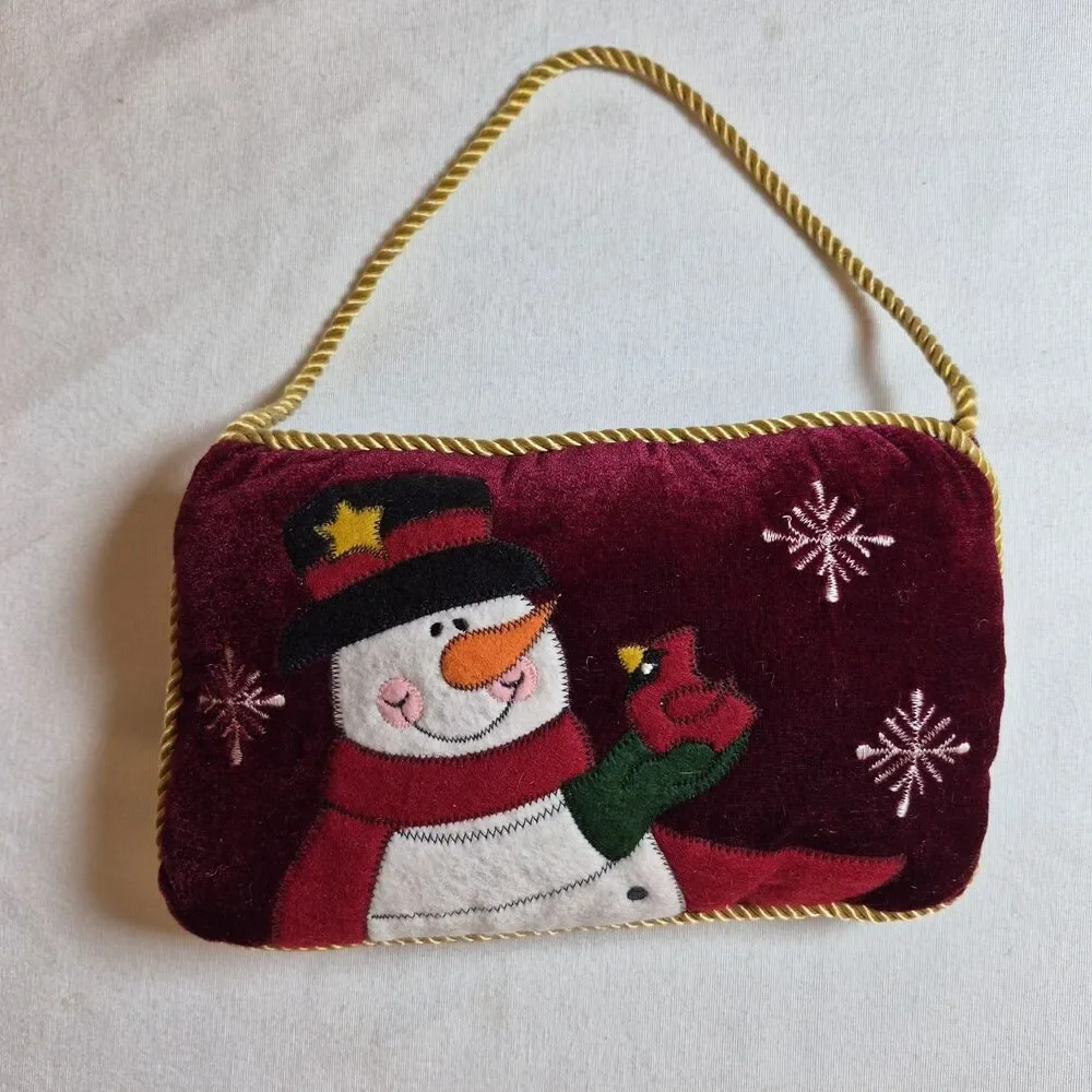 Christmas Snowman Velvet/Felt Hanging Mini Pillows Lot Of 2 Gold Rope Trim